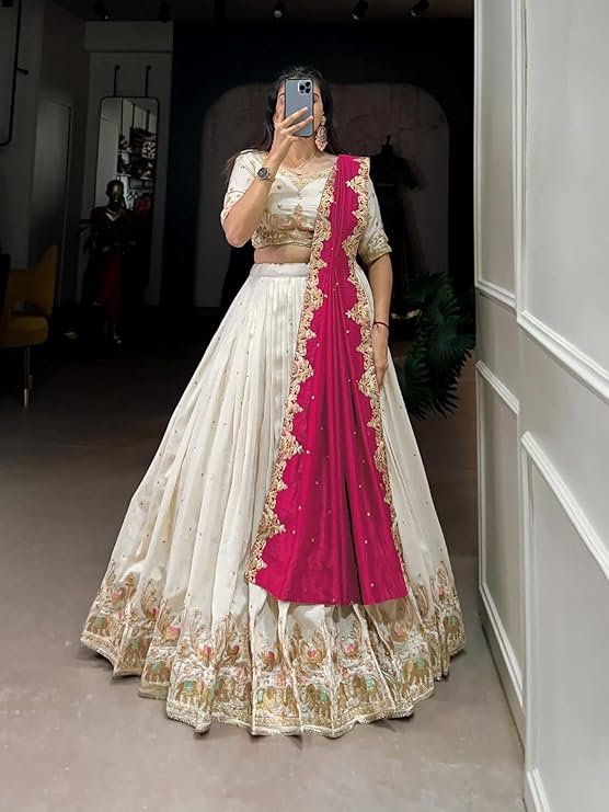 Chinnon Traditional Motiff Semi-Stitched Lehenga Choli With Dupatta Set