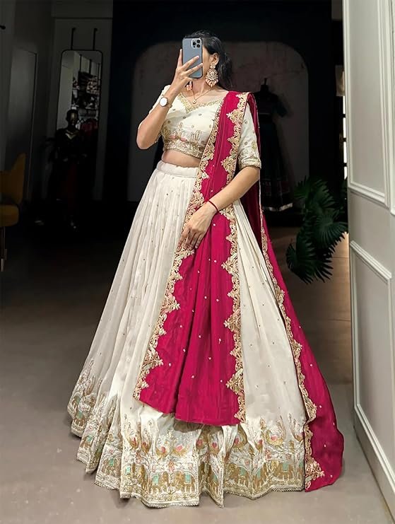 Chinnon Traditional Motiff Semi-Stitched Lehenga Choli With Dupatta Set